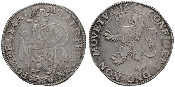 bis 1799 Niederlande Utrecht Löwentaler (Leeuwendaalder) 1663 Utrecht Av.: nach rechts blickender Ritter über Löwenschild, Rv.: nach links steigender Löwe  Dav. 4863 Delm. 845 27.11 g. selten in dieser Erhaltung vz-