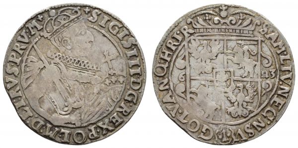 bis 1799 Polen Sigismund III., 1587-1632 ¼ Taler = Ort 1623 Bromberg (Bydgoszcz) Av.: Brustbild mit Schwert und Reichsapfel nach rechts, Rv.: bekröntes Wappen zwischen geteilter Jahreszahl, dunkle Tönung, mit altem Sammlungszettelchen  Kopicki 1279 5.96 g. ss-vz