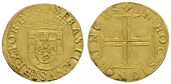 bis 1799 Portugal Sebastian I., 1557-1578 Cruzado = 500 Reis ohne Jahr Lissabon Av.: gekröntes Wappen, SEBASTIANUS : I : REX : PORTUG +, Rv.: Kreus, IN : HOC : SIGNO : VINCES  Fried. 41 Gomes 28 var. 3.79 g. vz-