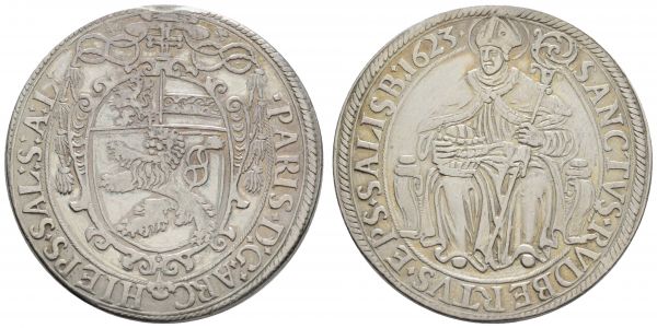 bis 1799 Salzburg Erzbistum Paris Graf von Lodron, 1619-1653 Taler 1623 Felder geglättet, Schrötlingsfehler  Zöttl 1465 Dav. 3504 28.56 g. ss+