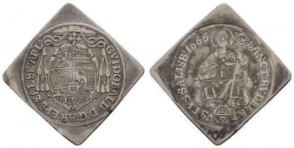 bis 1799 Salzburg Erzbistum Guidobald von Thun und Hohenstein, 1654-1668 1/9 Taler-Klippe 1666 Av.: Legatenhut über dreifeldigem Wappen, Rv.: thronender Heiliger Rupert mit Salzfass und Krummstab, mit altem Sammlungszettelchen  Probszt 1502 3.05 g. ss-vz