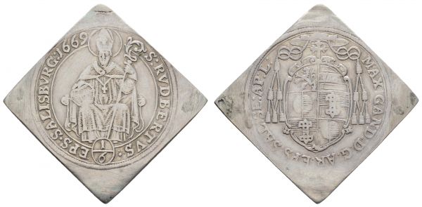 bis 1799 Salzburg Erzbistum Max Gandolph Graf Küenburg, 1668-1687 1/6 Taler-Klippe 1669 entfernter Henkel  Zöttl 2019 4.44 g. ss