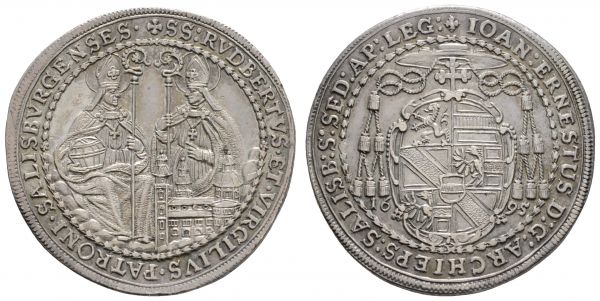 bis 1799 Salzburg Erzbistum Johann Ernst von Thun und Hohenstein, 1687-1709 ½ Taler 1695 Walzenprägung  Zöttl 2184 14.54 g. vz