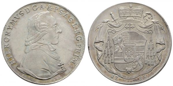 bis 1799 Salzburg Erzbistum Hieronymus Graf Colloredo 1772 - 1803 Taler 1795 kl. Schötlingsfehler, hübsche Patina  Dav. 1265 Zöttl 3235 28.03 g. vz-st