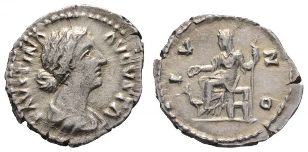 Römer Kaiserzeit Faustina Minor, † 176 AR Denar Rom Av.: FAVSTINA AVGVSTA, Büste nach rechts, Rv.: IVNO, sitzende Juno mit Pfau  3.15 g. vz-