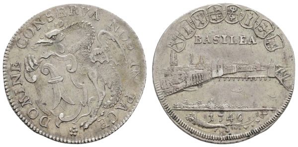 bis 1799 Schweiz Basel, Stadt ¼ Taler 1740 Av.: * DOMINE CONSERVA NOS IN PACE, Basilisk mit Wappen in verzierter Kartusche, Rv.: Stadtansicht von Osten, oben acht Schilde, darunter BASILEA, im Abschnitt 1740 über Akazienast, der Basilisk (altfranzösisch basilicoq) ist ein legendäres Wesen, dessen Blick versteinert oder tötet, auch sein Atem ist tödlich, mit altem Sammlungszettelchen  HMZ 102 c K.M. 143 6.51 g. selten, vor allem in dieser Erhaltung ss-vz