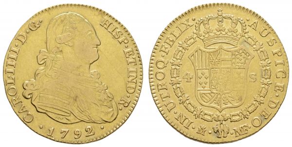 bis 1799 Spanien Carlos IV., 1788-1808 4 Escudos 1792 Madrid  Fried. 294 Calicó 202 Schlum. 13 13.37 g. ss