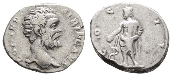 Römer Kaiserzeit Clodius Albinus, 193-197 AR Denar 194-195 Rom Av.: Kopf, Rv.: Aesculapius mit Schlangenstab  RIC 2 RSC 9 3.03 g. selten / rare ss