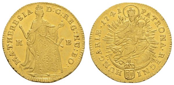 bis 1799 Ungarn, Königreich Maria Theresia, 1740-1780 Dukat 1741 Kremnitz Av.: die nach rechts gewandt stehende Kaiserin mit Krone, Zepter, Reichsapfel und Schwert zwischen K - B., MA : THERESIA - D : G : REG : HU : BO :, Rv.: thronende Madonna mit Christusknaben im Strahlenkranz über ungarischem Wappen, PATRONA · REGNI - HUNGARIÆ · 1741, überaus feine Qualität  Her. 234 Eypelt. 238 Husz. 1651 Fried. 180 3.48 g. selten in dieser Erhaltung vz