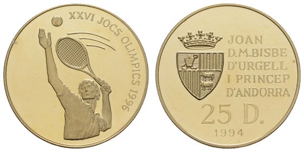 ab 1800 Andorra Fürstentum 25 Diners 1994 Anlässlich der Olympischen Spiele 1996, 583er, Rv: Tennis, Auflage: 5000  K.M. 96 PP