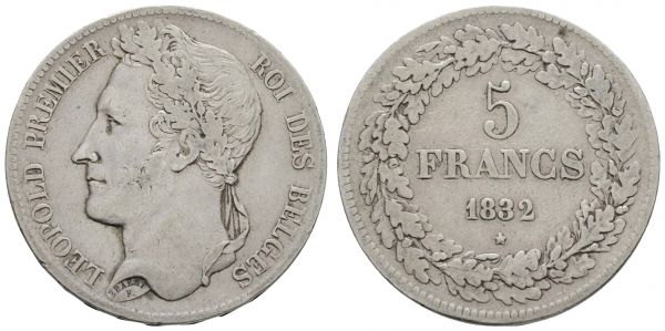 ab 1800 Belgien Leopold I., 1831-1865 5 Francs 1832 Brüssel  K.M. 3.1 Morin 7 a Dav. 50 Dupriez 3 24.72 g. RR ss