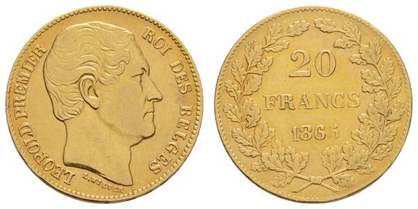 ab 1800 Belgien Leopold I., 1831-1865 20 BFR 1865 mit Signatur "L. WIENER" am Halsabschnitt  K.M. 23 Schlum. 15 Fried. 411 Morin 6 b ss