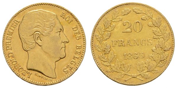 ab 1800 Belgien Leopold I. 1831-1865 20 Francs 1865  K.M. 23 ss