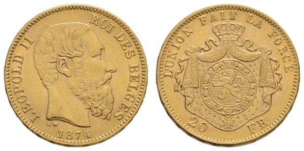 ab 1800 Belgien Leopold II., 1865-1909 20 BFR 1874  K.M. 37 Morin 141 Fried. 412 Schl. 25 vz