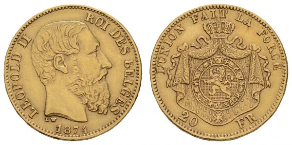 ab 1800 Belgien Leopold II. 1865-1909 20 Francs 1874  K.M. 37 ss