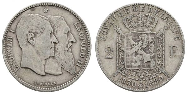 ab 1800 Belgien Leopold II. 1865-1909 2 Francs 1880 50jahrfeier des Königreiches  K.M. 39 ss