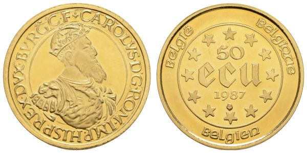 ab 1800 Belgien Baudouin 1951-1993 50 Ecu 1987 30 Jahre römische Verträge, ½ oz Gold  KM 167 st