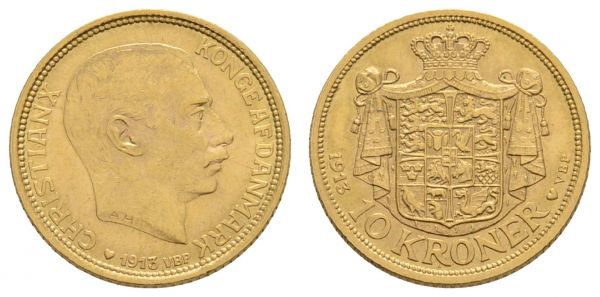 ab 1800 Dänemark Christian X., 1912-1947 10 Kroner 1913 Kopenhagen  Fried. 300 Hede 2 Schl. 91 4.48 g. vz