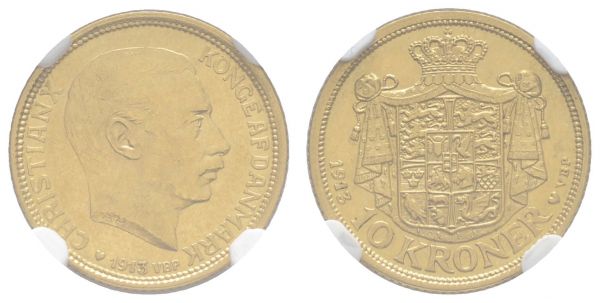 ab 1800 Dänemark Christian X., 1912-1947 10 Kroner 1913 Kopenhagen im NGC-Slab MS 61  K.M. 816 Fried. 300 Hede 2 Schl. 91