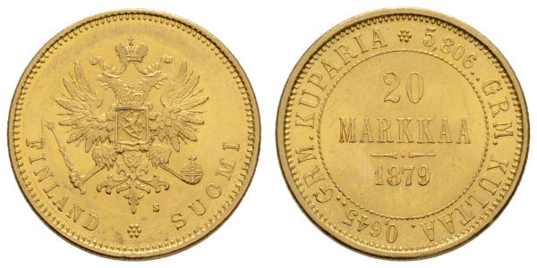 ab 1800 Finnland unter russischer Herrschaft, Alexander II., 1855-1881 20 Markkaa 1879 Helsinki Pracht  Schlum. 3 Bitkin 612 Uzd. 4722 Fried. 1 K.M. 9.2 6.44 g. vz+