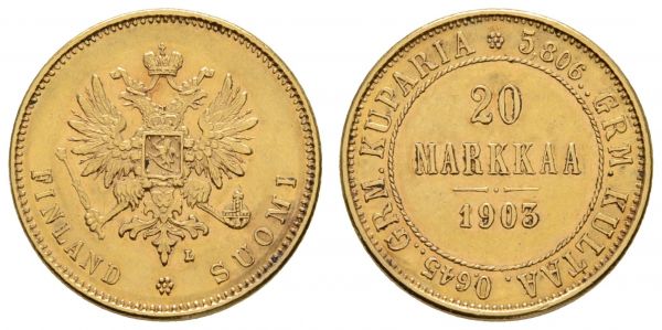 ab 1800 Finnland unter russischer Herrschaft, Nikolaus II., 1894-1917 20 Markkaa 1903 Helsinki  K.M. 9.2 Uzd. 4777 Fried. 3 Schl. 9 Bitkin 385 ex UBS Gold & Numismatik 6.41 g. vz-