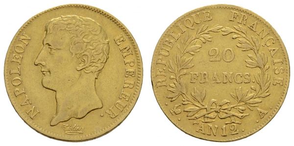 ab 1800 Frankreich Napoléon als Konsul,1799-1804 20 FF 1803 Paris  Fried. 487 Gad. 1020 K.M. 651 Le Franc 510 6.38 g. ss