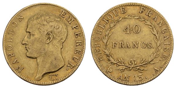 ab 1800 Frankreich Napoléon I. 1804-1814 40 FF L'An 13 (1804/05) Paris  Fried. 481 Gadoury 1081 12.84 g. ss