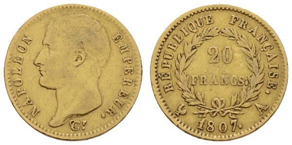 ab 1800 Frankreich Napoléon I., 1804-1814 20 FF 1807 A  Fried. 487 a Gadoury 1023 Schlum. 31 6.34 g. ss