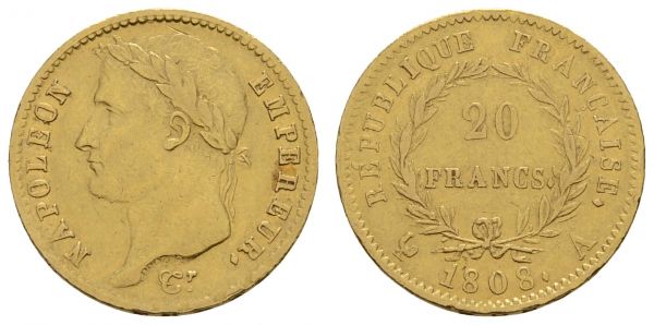 ab 1800 Frankreich Napoléon I., 1804-1814 20 FF 1808 Paris  Fried. 489 Le Franc 515 Gadoury 1024 Schlum. 46 6.38 g. ss