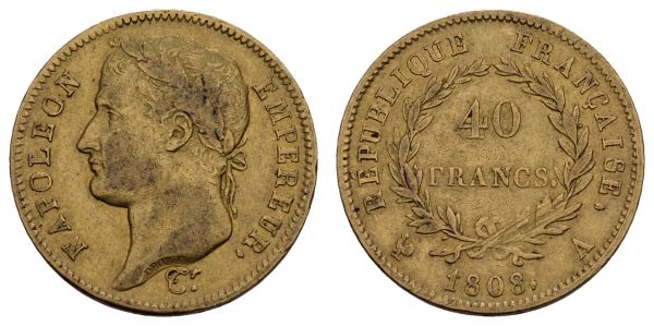 ab 1800 Frankreich Napoléon I. 1804-1814 40 FF 1808 A Paris min. justiert, Auflage nur 43.789 Exemplare  KM 688.1 12.83 g. ss