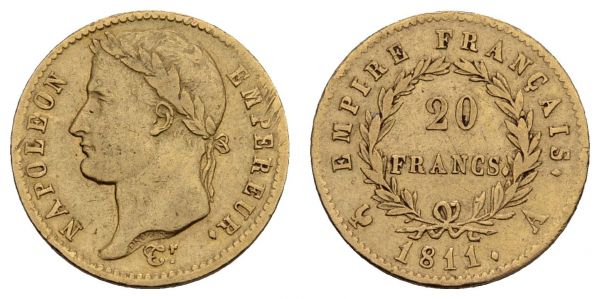 ab 1800 Frankreich Napoléon I. 1804-1814 20 FF 1811 A min. Rs.  Fried. 511 Gadoury 1025 ss