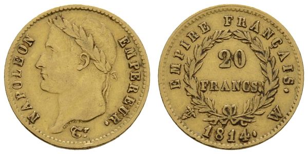 ab 1800 Frankreich Napoléon I., 1804-1814 20 FF 1814 Lille  Fried. 512 Gadoury 1025 6.37 g. ss