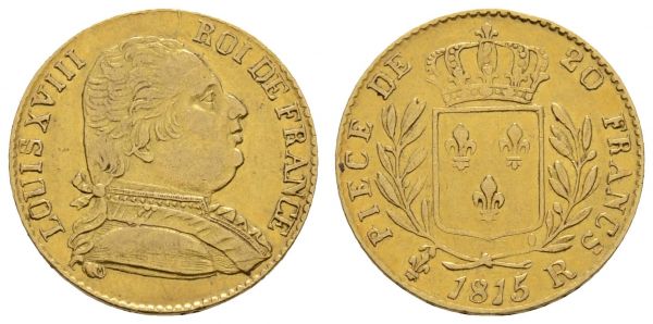 ab 1800 Frankreich Louis XVIII., 1814-1824 20 FF 1815 London  Mazard 657 Fried. 531 Gadoury 1027 Schl. 119 6.39 g. ss+