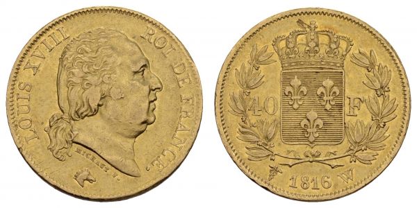 ab 1800 Frankreich Louis XVIII., 1814-1824 40 FF 1816 W Lille kl. Schrötlingsfehler, Auflage nur 3210 Exemplare  KM 713.6 12.88 g. selten ss-vz