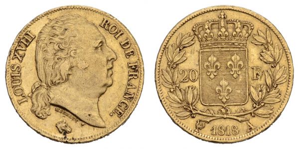 ab 1800 Frankreich Louis XVIII., 1814-1824 20 FF 1818 A Paris  Fried. 540 Gadoury 1028 6.39 g. ss+