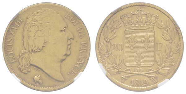 ab 1800 Frankreich Louis XVIII., 1814-1824 20 FF 1819 Lille im NGC-Slab XF Details, gereinigt  Fried. 539 Gadoury 1028