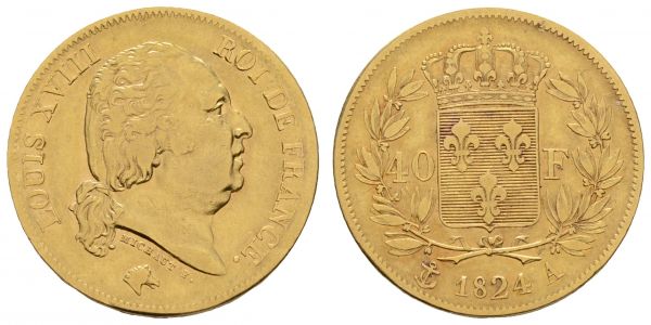 ab 1800 Frankreich Louis XVIII., 1814-1824 40 FF 1824 Paris  Fried. 532 Gadoury 1092 Schl. 126 ex UBS Gold & Numismatik 12.75 g. ss