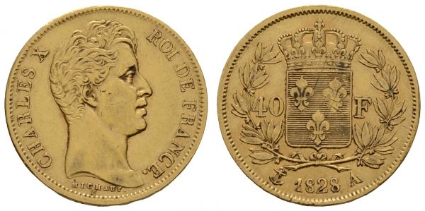 ab 1800 Frankreich Charles X., 1824-1830 40 FF 1828 Paris justiert  Fried. 547 Le Franc 544 Mazard 807 KM 721.1 Gad. 1105 12.85 g. ss-vz