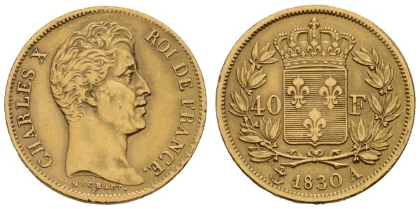 ab 1800 Frankreich Charles X., 1824-1830 40 Francs 1830 A vertiefte Randschrift  KM 721.1 ss