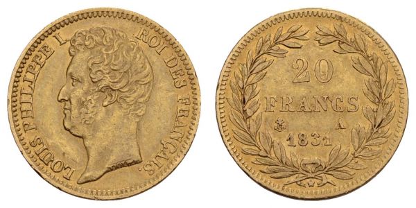 ab 1800 Frankreich Louis Philippe I., 1830-1848 20 FF 1831 A erhabene Randschrift  KM 746.4 Gadoury 1030a Fried. 556 ss-vz