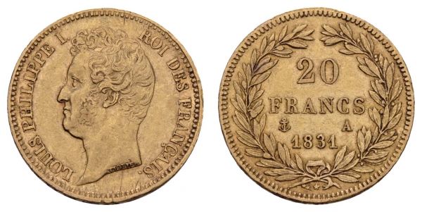 ab 1800 Frankreich Louis Philippe I., 1830-1848 20 FF 1831 Paris Randfehler  KM 750.1 Gadoury 1030 a Fried. 560 Schl. 192 ss-vz