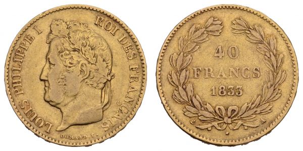 ab 1800 Frankreich Louis Philippe I., 1830-1848 40 FF 1833 Paris  Gadoury 1106 Fried. 557 12.78 g. ss