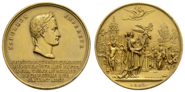 ab 1800 Frankreich Louis Philippe I., 1830-1848 1840 Medaille von Montagny auf die Ankunft der Gebeine Napoléons in Paris und ihrer Überführung in den Invalidendom, Av.: Kopf Napoleons mit Lorbeerkranz nach rechts über 5 Zeilen Text, Rv.: Szene der Ankunft in Paris, im Hintergrund links der Invalidendom  Florange 28 Coll. 1234 9.05 g. vz