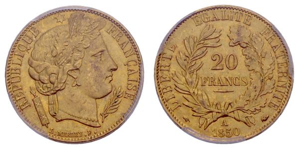 ab 1800 Frankreich 2. Republik 1848-1852 20 FF 1850 A PCGS MS64, oreille relevée  KM 762