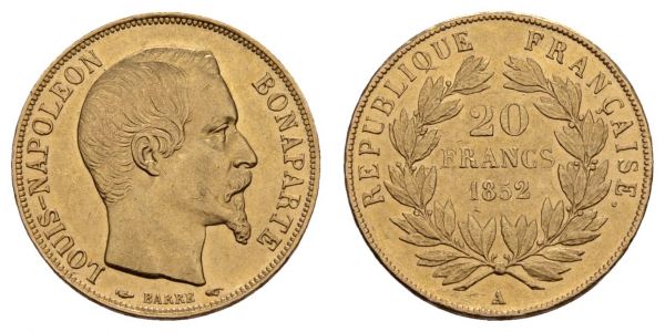 ab 1800 Frankreich Napoleon III. 1852-1870 20 FF 1852 A  Fried. 565 Gad. 1060 Schl. 257 ss-vz