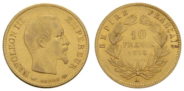 ab 1800 Frankreich Napoleon III. 1852-1870 10 FF 1856 Paris  Fried. 576 a Gad. 1014 Schl. 296 Mazard 1454 3.23 g. vz-