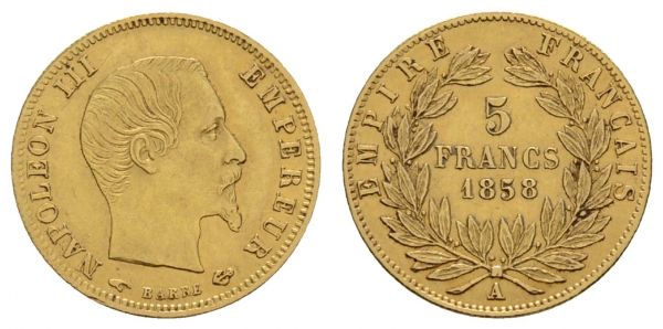 ab 1800 Frankreich Napoleon III. 1852-1870 5 FF 1858 Paris  KM 787.1 Fried. 578 a Gad. 1001 1.61 g. ss-vz