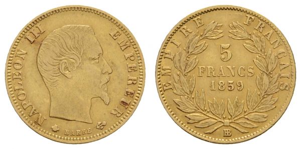 ab 1800 Frankreich Napoleon III. 1852-1870 5 FF 1859 Strassburg  KM 787.2 Fried. 579 Gad. 1001 1.56 g. ss-vz