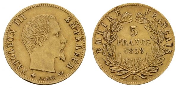 ab 1800 Frankreich Napoleon III. 1852-1870 5 FF 1859 Strassburg  KM 787.2 Fried. 579 Gad. 1001 1.59 g. ss-vz