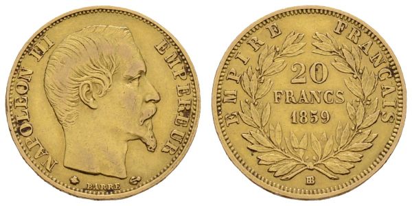 ab 1800 Frankreich Napoleon III. 1852-1870 20 FF 1859 Strassburg  Fried. 574 Gad. 1061 6.39 g. ss